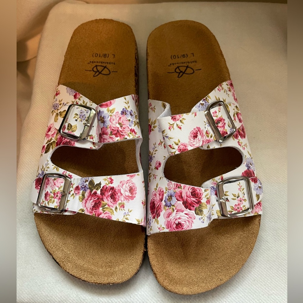 Bobbie Brooks White and Pink Floral Sandals with Cork Footbed